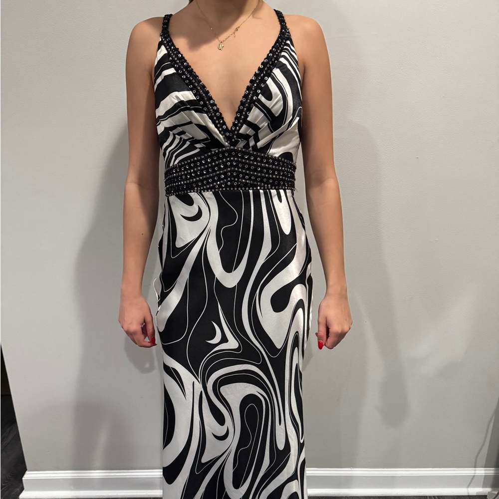 La Femme Black and White Abstract Maxi Dress